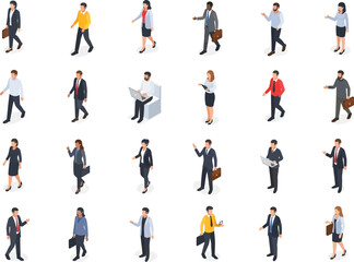 Collection of diverse isometric business people in professional attire engaged in various activities and poses on a white background