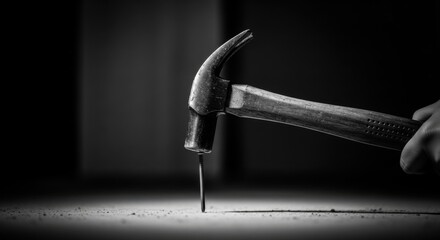 Black and White Image of a Hammer Driving a Nail Into a Surface with Focus on Tool and Action
