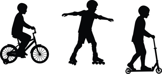 Silhouette of kids riding bicycle, roller skates, and scooter, childhood outdoor activities vector, active children isolated on white background © Parvej Creatives