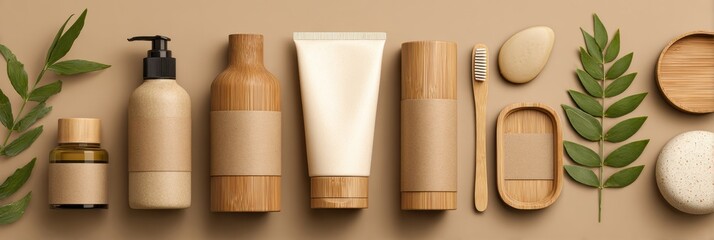 Obraz premium Vegan Cosmetics Collection Featuring Eco-Friendly Packaging on a Neutral Background