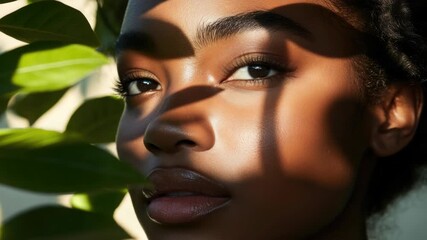 African-American model gazing at the camera with a natural outdoor setting behind her.