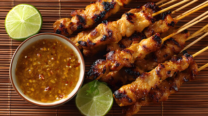 A detailed top-down view showcases several golden-brown grilled chicken satay skewers on a bamboo mat