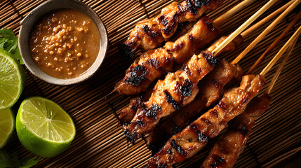 A top-down view features several perfectly grilled chicken satay skewers arranged on a bamboo mat
