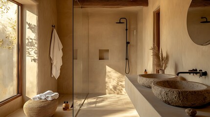 Modern Bathroom Interior with Stone Sinks and Natural Light