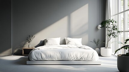 Minimalist Bedroom Interior with Bed Plants and Natural Light