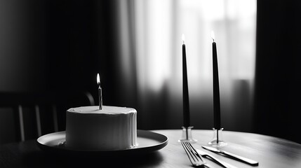 Cake with Burning Candle on Table in Dark Monochrome