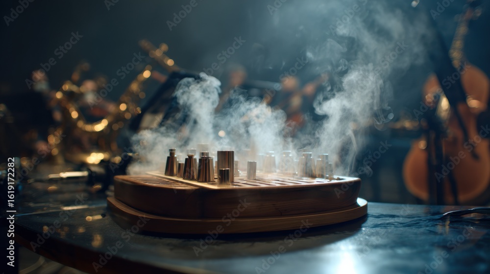 Poster medium shot showcasing an innovative scentdiffusion panel with focused mist trails surrounded by sof