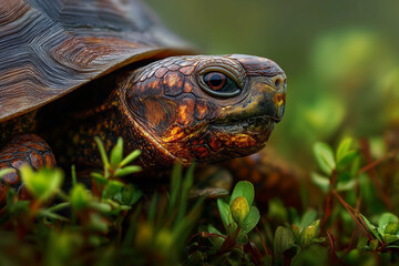Obraz premium Macro image of a tortoise walking through fresh green grass, with its textured shell and earthy tones. Vivid detail in the tortoise’s skin and surroundings. Ideal for environmental awareness and wildl