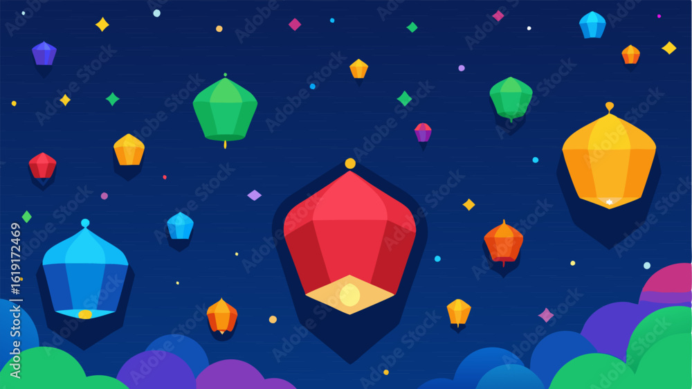 Poster celestial gathering an illustration of a lively field illuminated by multicolored floating lanterns 