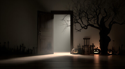Halloween themed room with an open door in darkness. silhouette concept