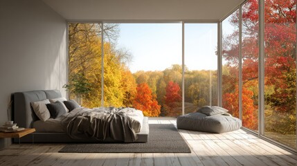 Obraz premium Spacious bedroom with large floor-to-ceiling windows showcasing vibrant autumn foliage in warm sunlight.