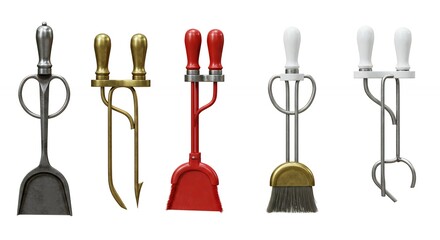Five fireplace tools in variety of colors and styles