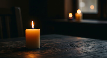 Short lit candle melting on wooden table in dark room with window showing two glowing candles