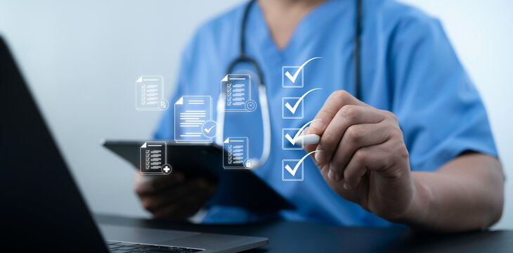 Doctor using digital checklist interface to manage healthcare tasks with touchscreen tablet system for medical records, online form, secure document, checklist data and hospital workflow