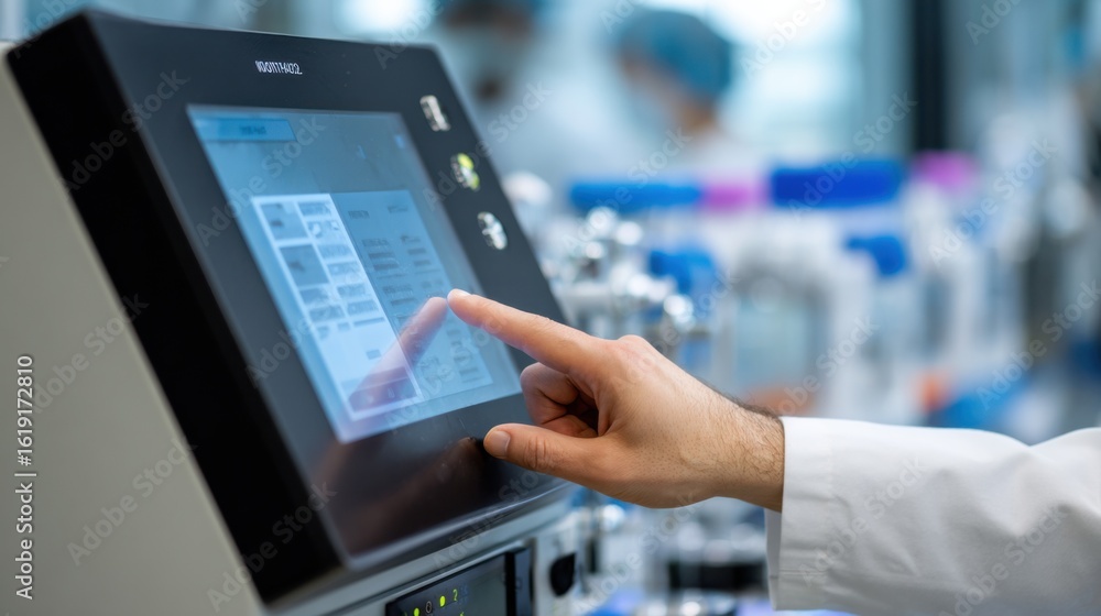 Poster close up of a scientist's hand operating a touch screen interface on advanced laboratory equipment, 