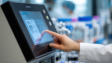 Close up of a scientist's hand operating a touch screen interface on advanced laboratory equipment, showcasing the intersection of technology and scientific research in a blurred lab environment