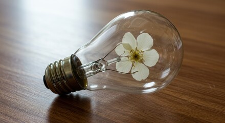 sampaguita | A light bulb with a delicate white flower inside, resting on a wooden surface, symbolizing creativity and nature's blend with technology in a serene indoor setting