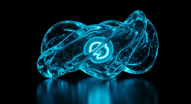Abstract blue glowing fluid sculpture with a symbol on a black background - Powered by Adobe