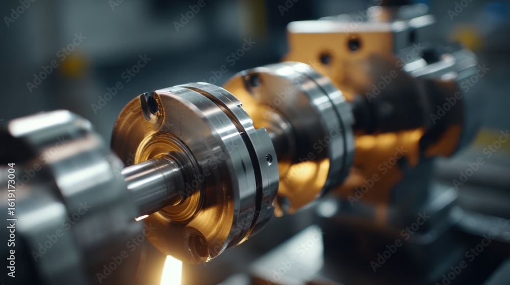 Poster medium shot showcasing the moment a cnc machine finishes the variablecompression crank mechanism emp
