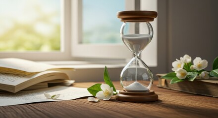sampaguita | An elegant hourglass sits on a wooden table beside open books and delicate flowers, with sunlight streaming through a window, creating a serene study atmosphere
