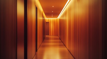 Empty Corridor with Wooden Walls and Ambient Lighting