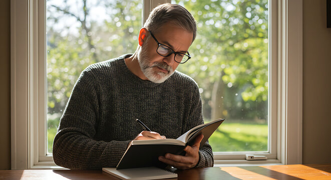Contemplative middle-aged man with a beard writing in a journal by a sunlit window