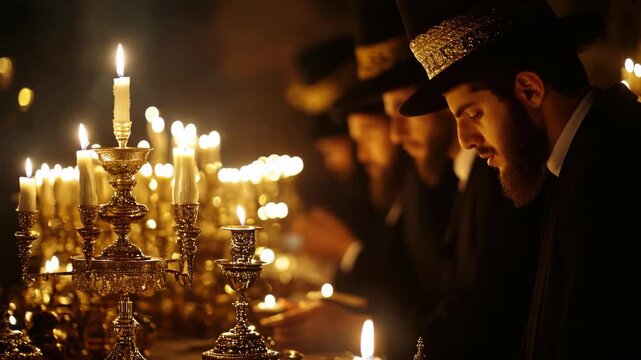 A Chasidic rabbi leading a nighttime prayer service at the synagogue.
