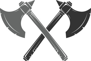Two crossed battle axes with detailed handles and sharp blades, depicted in a gray-scale vector illustration.