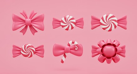 Pink candy lollipops with bows on pink background