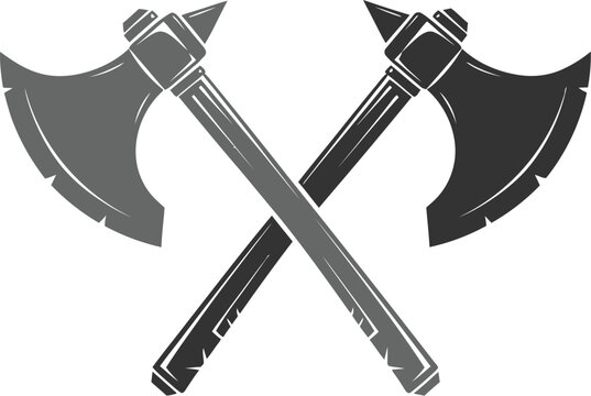 Two crossed battle axes with detailed handles and sharp blades, depicted in a gray-scale vector illustration.