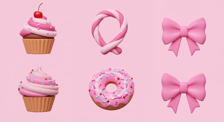 Pink dessert collection isolated on pink background