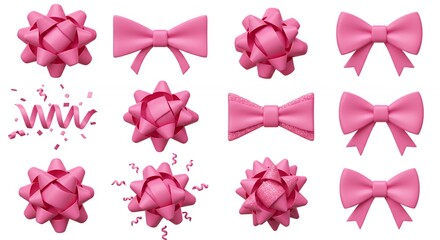 Pink gift bows and confetti isolated