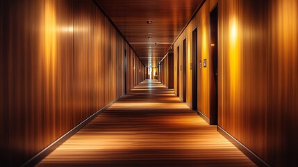 Long Interior Hallway with Doors and Wooden Panels, Warm Lighting