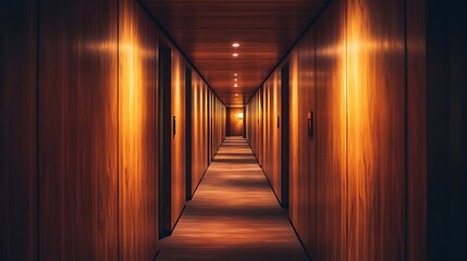 Walking Through Long Empty Hallway with Wooden Doors and Dim Lights