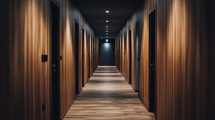 Walking Down Hotel Hallway with Wood Doors and Lights