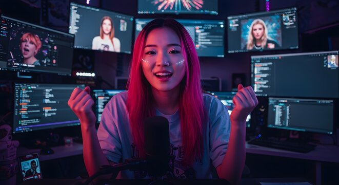 Asian woman streamer with pink hair live streaming gaming on multiple monitors setup at home studio