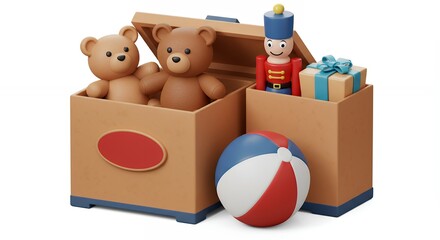 Vintage toys in wooden chest