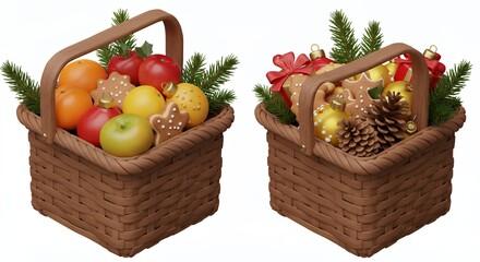 Woven baskets filled with seasonal treats and holiday decor