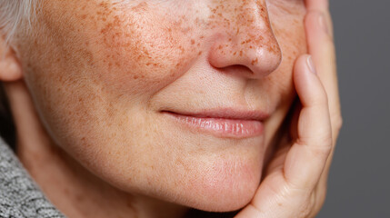 Naklejka premium Close up of smiling elderly person with bright smooth skin and freckles on face, showing natural beauty and gentle expression