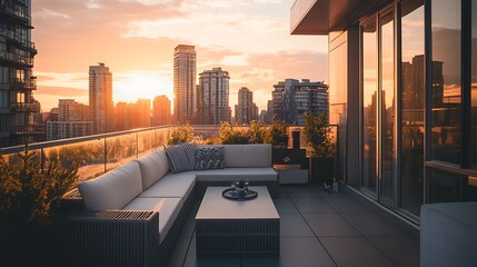 Rooftop Patio at Sunset with Cityscape and Comfortable Lounge