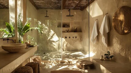 Sunlit Shower Room with Stone Sink and Natural Texture