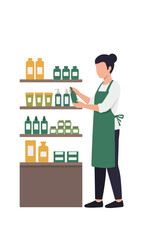 Retail Worker Stocking Shelves with Products. Shop Assistant Arranging Merchandise in Store. Stock Management Illustration.