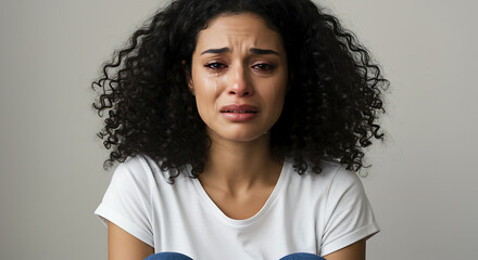 Upset and desperate young woman looking at the camera and crying with tears running down her face