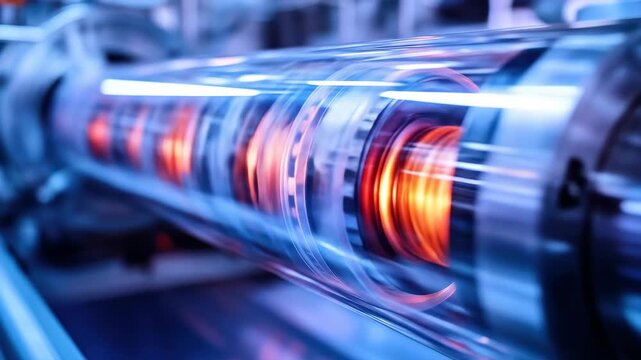 Glass tube with glowing red interior in machinery