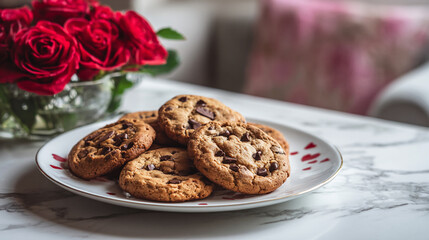 Elegant plate of freshly baked chocolate chip cookies on a marble table, top with a bouquet of red roses, sitting behind the plate of cookies