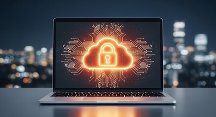 Laptop displaying glowing cloud security symbol computer