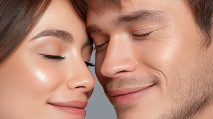 Close up of happy young couple with smooth skin and closed eyes, sharing tender moment with gentle smiles and peaceful expressions