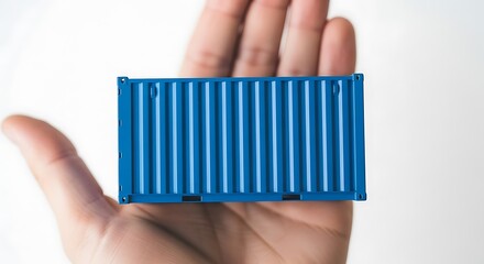 Miniature blue shipping container held in palm cargo