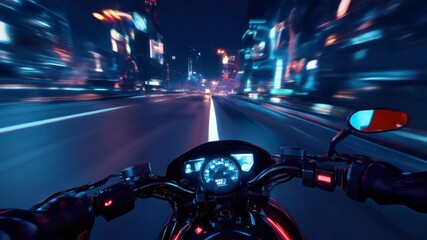 Night cityscape seen from biker on road, fast-paced motorcycle ride in fpv, view of neon lights and motion blur of city, concept of speed and pov driving. - Powered by Adobe