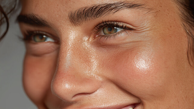 Close up face skin healthy glowing woman natural beauty smile eye eyebrow cheek nose female person adult expression emotion happiness joyful fresh smooth youthful natural light detail texture